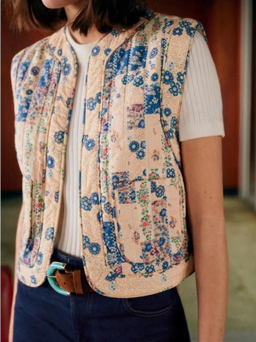 SEZANE NWT Peach Cream Blue Boho Patchwork Floral Quilted Tadeo Open Vest Jacket